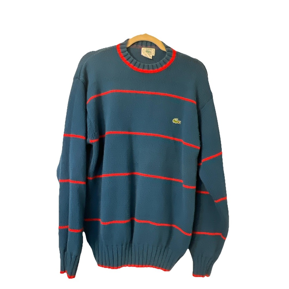 VTG 80s Lacoste Izod‎ Blue Red Striped Crest Sweater OG Aligator Chunky Knit XL